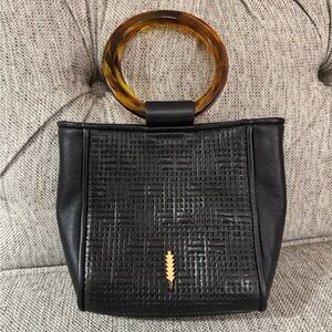 Mini black Leather Bucket bag with Tortoiseshell Handle